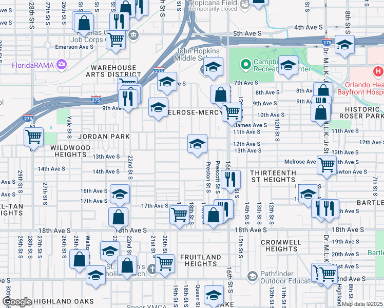 map of restaurants, bars, coffee shops, grocery stores, and more near 18th Street South in St. Petersburg