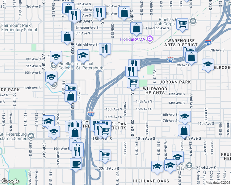 map of restaurants, bars, coffee shops, grocery stores, and more near 1247 30th Street South in St. Petersburg