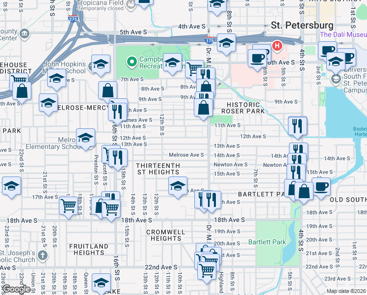 map of restaurants, bars, coffee shops, grocery stores, and more near 985 Melrose Avenue South in St. Petersburg