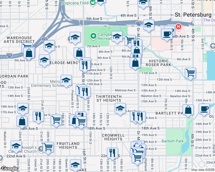 map of restaurants, bars, coffee shops, grocery stores, and more near 1225 Melrose Avenue South in St. Petersburg