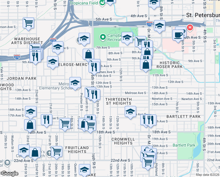 map of restaurants, bars, coffee shops, grocery stores, and more near 1333 Melrose Avenue South in St. Petersburg