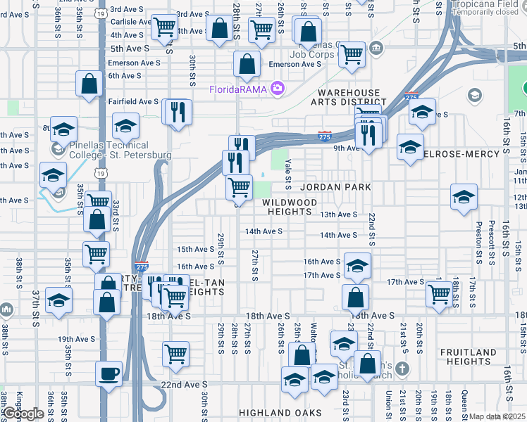 map of restaurants, bars, coffee shops, grocery stores, and more near 2631 13th Avenue South in St. Petersburg