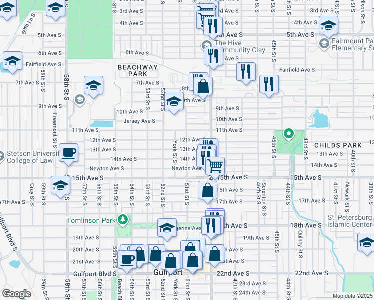 map of restaurants, bars, coffee shops, grocery stores, and more near 5118 13th Avenue South in Gulfport