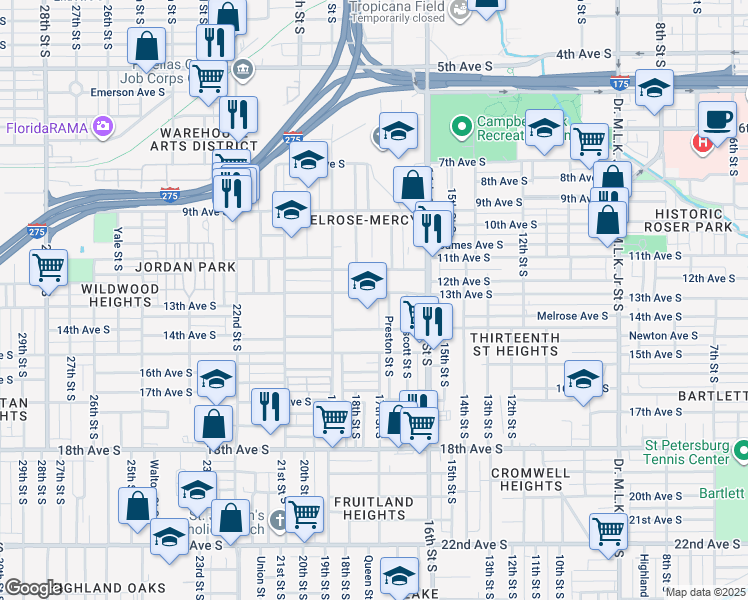 map of restaurants, bars, coffee shops, grocery stores, and more near 1752 13th Avenue South in St. Petersburg