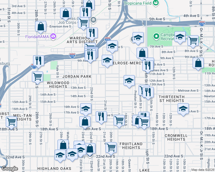 map of restaurants, bars, coffee shops, grocery stores, and more near 2030 13th Avenue South in St. Petersburg