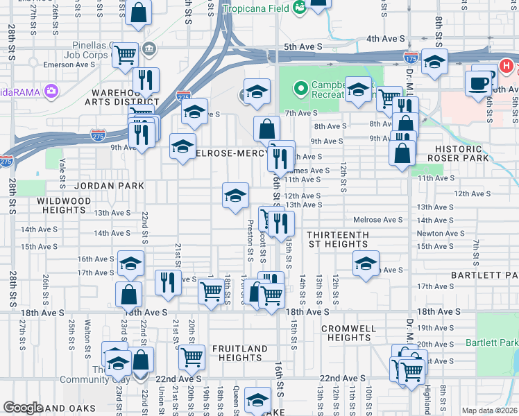 map of restaurants, bars, coffee shops, grocery stores, and more near 1327 Prescott Street South in St. Petersburg