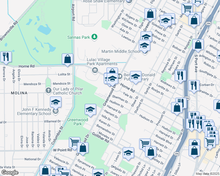 map of restaurants, bars, coffee shops, grocery stores, and more near 4129 Greenwood Drive in Corpus Christi