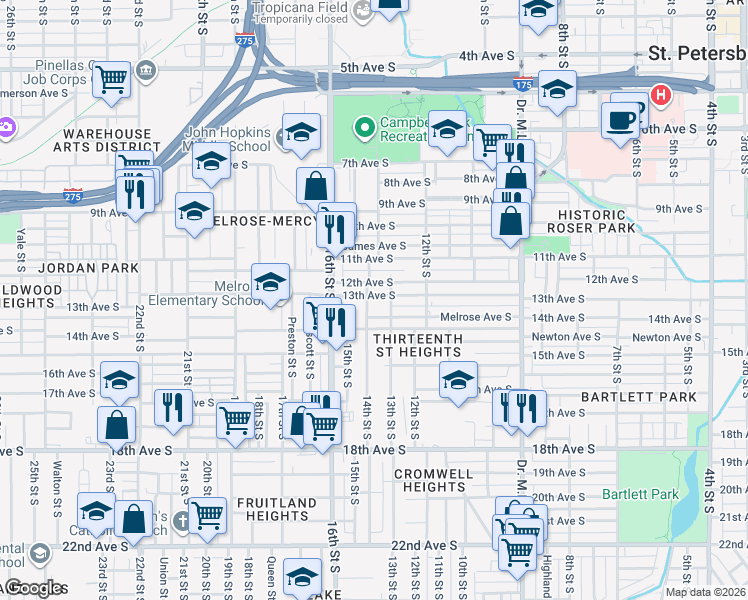 map of restaurants, bars, coffee shops, grocery stores, and more near 1333 Melrose Avenue South in St. Petersburg