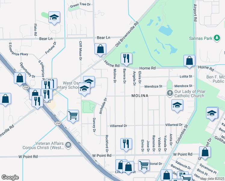map of restaurants, bars, coffee shops, grocery stores, and more near 4258 Archdale Drive in Corpus Christi