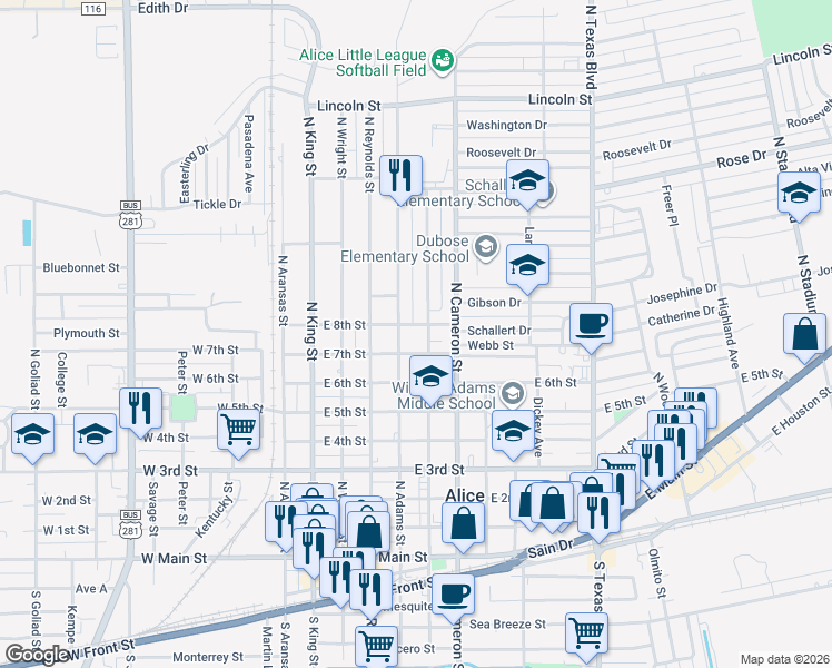 map of restaurants, bars, coffee shops, grocery stores, and more near 519 East 7th Street in Alice