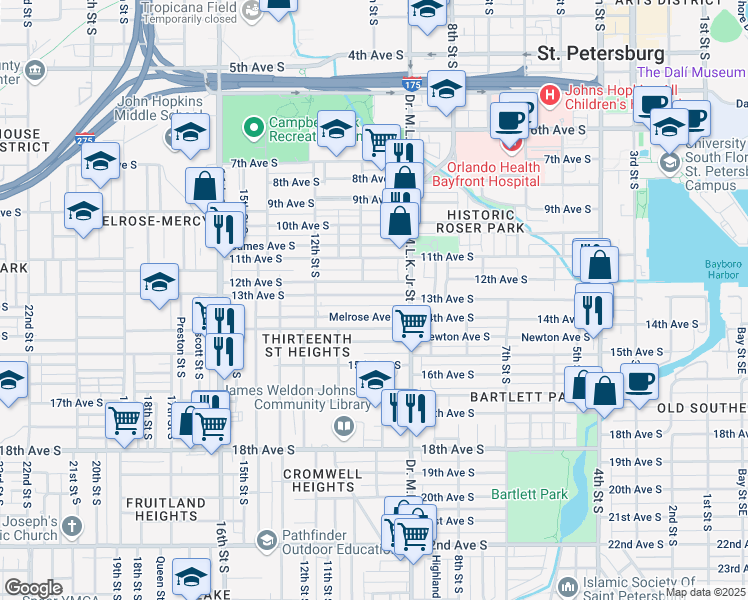 map of restaurants, bars, coffee shops, grocery stores, and more near 968 13th Avenue South in Saint Petersburg