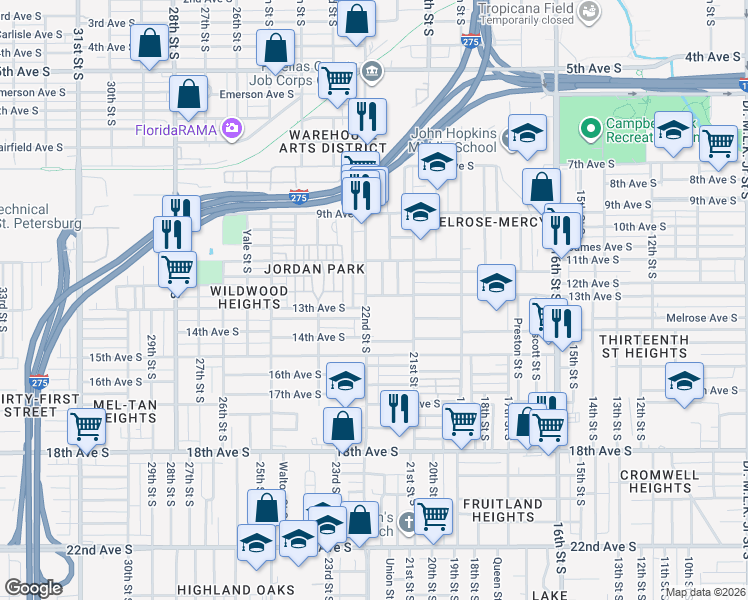 map of restaurants, bars, coffee shops, grocery stores, and more near 1300 22nd Street South in St. Petersburg