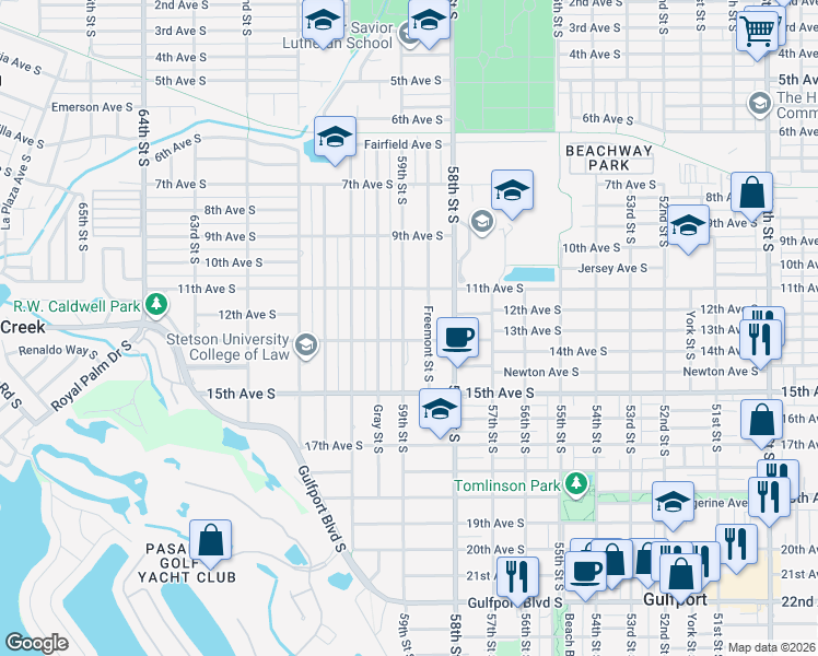map of restaurants, bars, coffee shops, grocery stores, and more near 1212 59th Street South in Gulfport