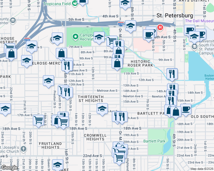 map of restaurants, bars, coffee shops, grocery stores, and more near 985 Melrose Avenue South in St. Petersburg