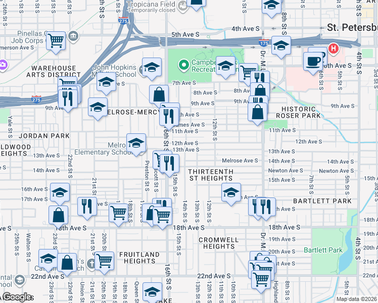 map of restaurants, bars, coffee shops, grocery stores, and more near 1333 Melrose Avenue South in St. Petersburg