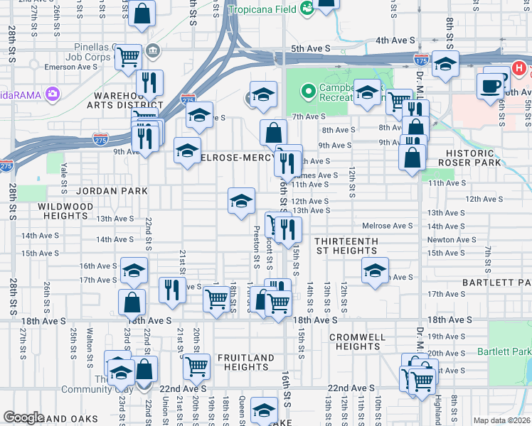 map of restaurants, bars, coffee shops, grocery stores, and more near 1327 Prescott Street South in St. Petersburg