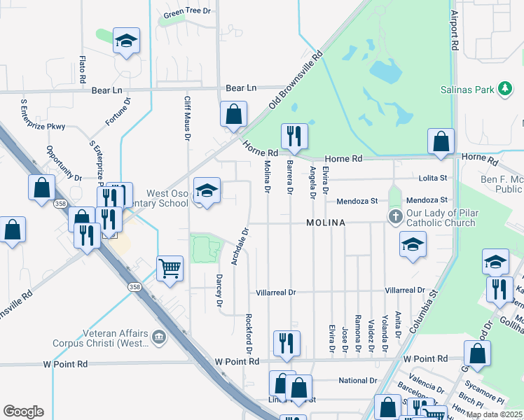 map of restaurants, bars, coffee shops, grocery stores, and more near 4258 Archdale Drive in Corpus Christi