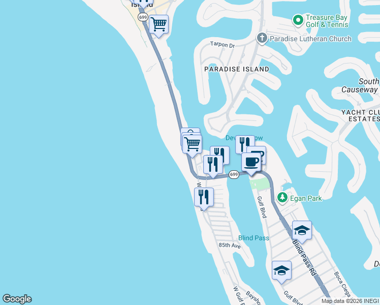 map of restaurants, bars, coffee shops, grocery stores, and more near 9909 Gulf Boulevard in Treasure Island