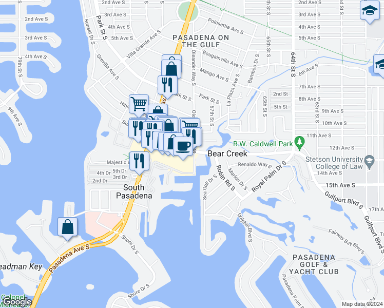 map of restaurants, bars, coffee shops, grocery stores, and more near 6750 Gulfport Blvd S in South Pasadena