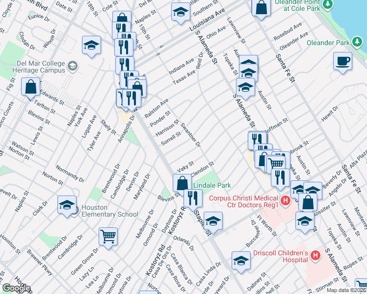map of restaurants, bars, coffee shops, grocery stores, and more near 1026 Chamberlain Street in Corpus Christi
