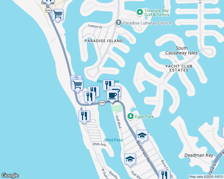map of restaurants, bars, coffee shops, grocery stores, and more near 9525 Blind Pass Road in St. Pete Beach