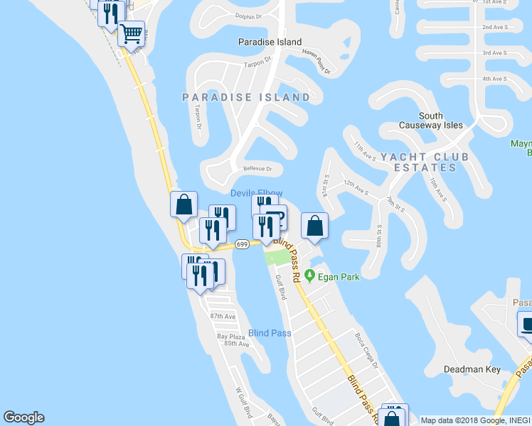 map of restaurants, bars, coffee shops, grocery stores, and more near 9525 Blind Pass Road in St. Petersburg