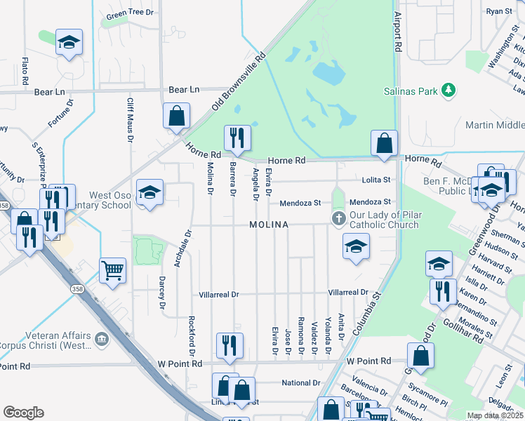 map of restaurants, bars, coffee shops, grocery stores, and more near 4251 Elvira Drive in Corpus Christi