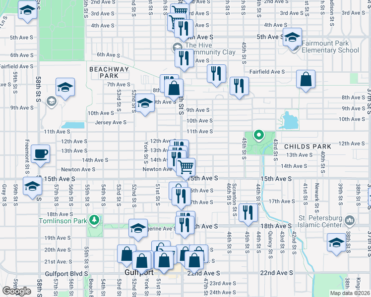 map of restaurants, bars, coffee shops, grocery stores, and more near 1240 49th Street South in Gulfport