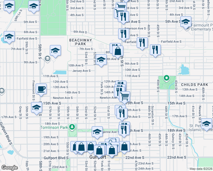 map of restaurants, bars, coffee shops, grocery stores, and more near 5118 13th Avenue South in Gulfport