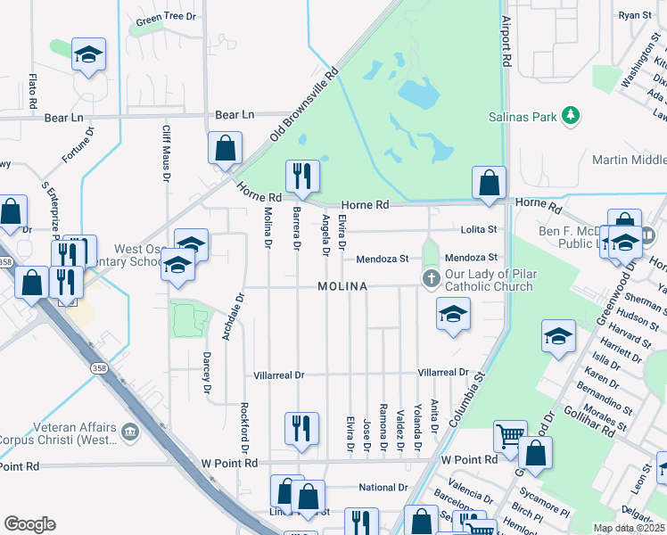 map of restaurants, bars, coffee shops, grocery stores, and more near 4251 Elvira Drive in Corpus Christi