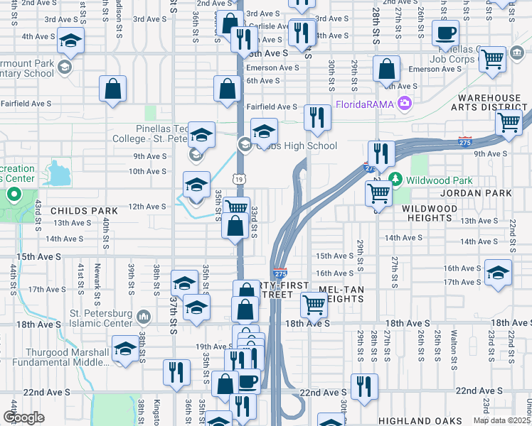 map of restaurants, bars, coffee shops, grocery stores, and more near 1254 33rd Street South in St. Petersburg