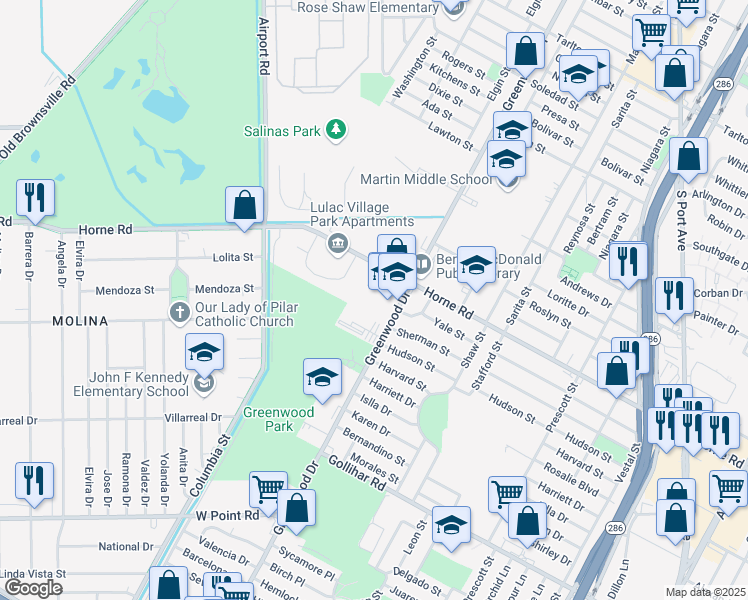 map of restaurants, bars, coffee shops, grocery stores, and more near 4129 Greenwood Drive in Corpus Christi