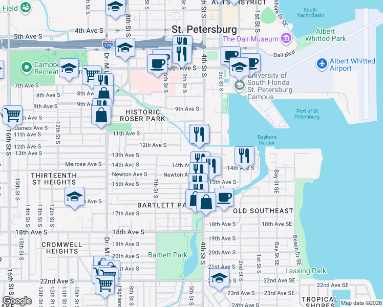 map of restaurants, bars, coffee shops, grocery stores, and more near 510 13th Avenue South in St. Petersburg