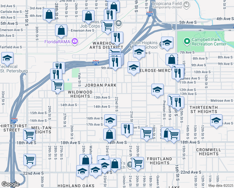 map of restaurants, bars, coffee shops, grocery stores, and more near 1300 22nd Street South in Saint Petersburg