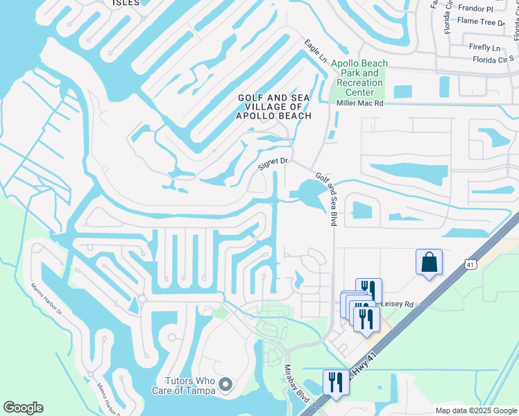 map of restaurants, bars, coffee shops, grocery stores, and more near 519 Islebay Drive in Apollo Beach