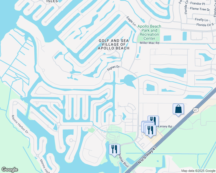map of restaurants, bars, coffee shops, grocery stores, and more near 519 Islebay Drive in Apollo Beach