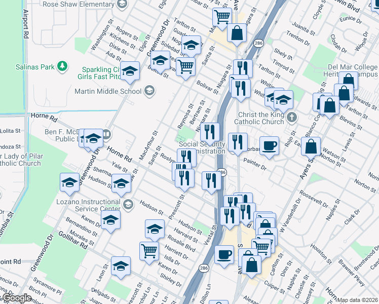 map of restaurants, bars, coffee shops, grocery stores, and more near 1933 Andrews Drive in Corpus Christi