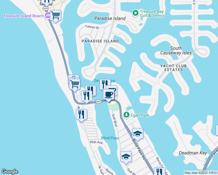 map of restaurants, bars, coffee shops, grocery stores, and more near 9527 Blind Pass Road in St. Pete Beach