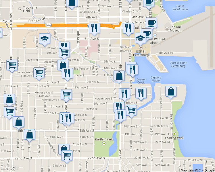 map of restaurants, bars, coffee shops, grocery stores, and more near 622 13th Avenue South in St. Petersburg