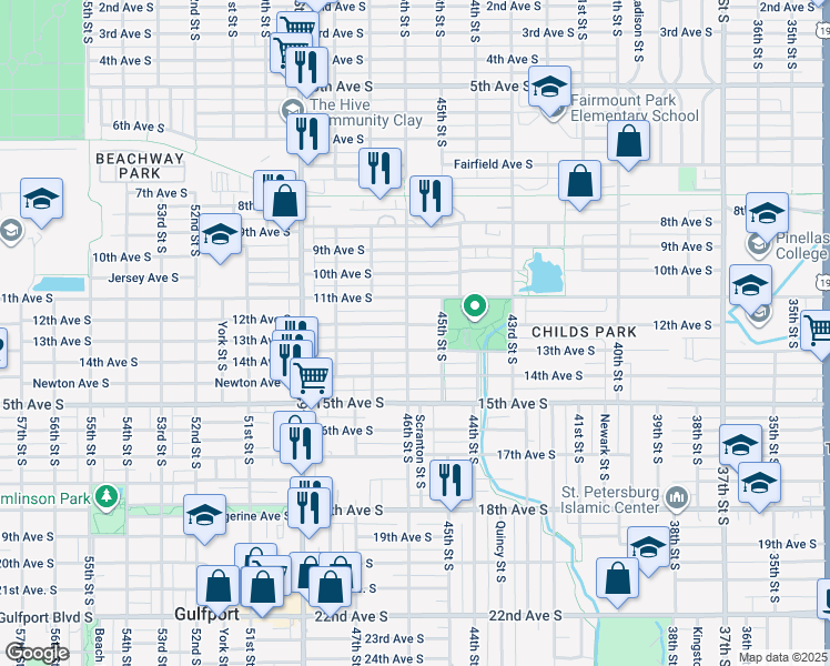 map of restaurants, bars, coffee shops, grocery stores, and more near 4527 13th Avenue South in St. Petersburg