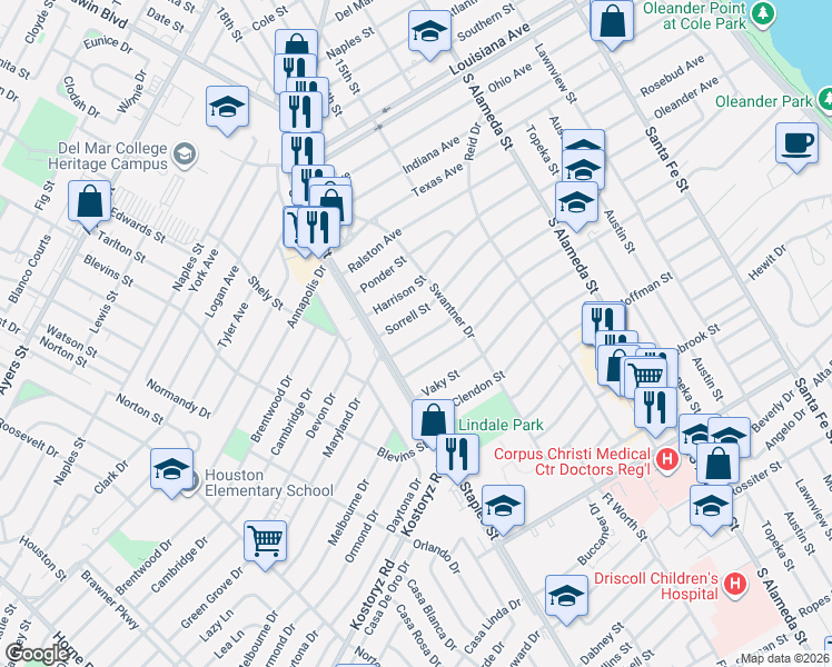 map of restaurants, bars, coffee shops, grocery stores, and more near 1026 Chamberlain Street in Corpus Christi