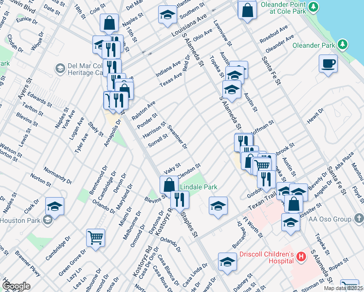 map of restaurants, bars, coffee shops, grocery stores, and more near 1002 Vaky Street in Corpus Christi