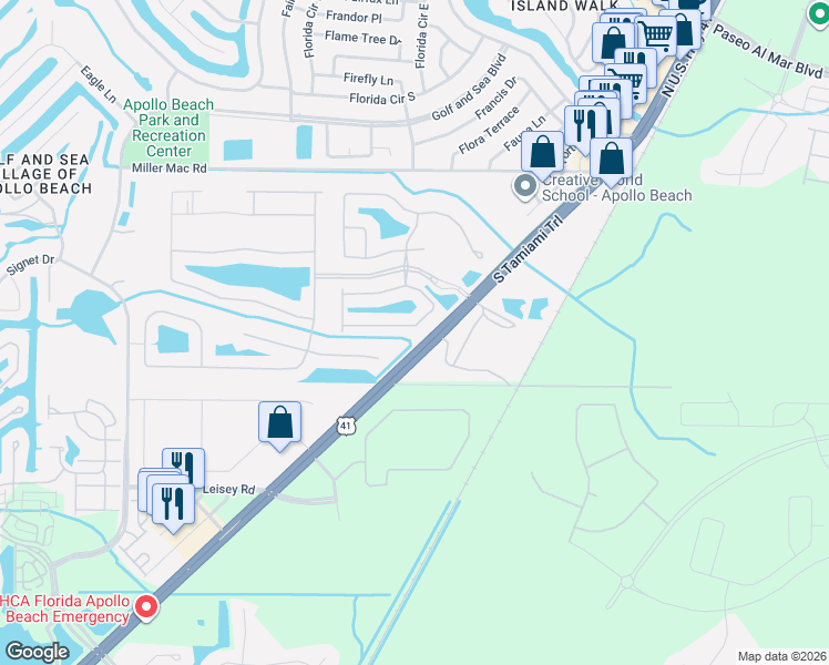 map of restaurants, bars, coffee shops, grocery stores, and more near 151 Shell Falls Drive in Apollo Beach