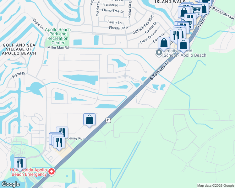 map of restaurants, bars, coffee shops, grocery stores, and more near 203 Mystic Falls Drive in Apollo Beach
