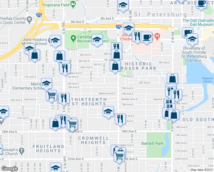 map of restaurants, bars, coffee shops, grocery stores, and more near 985 Melrose Avenue South in St. Petersburg