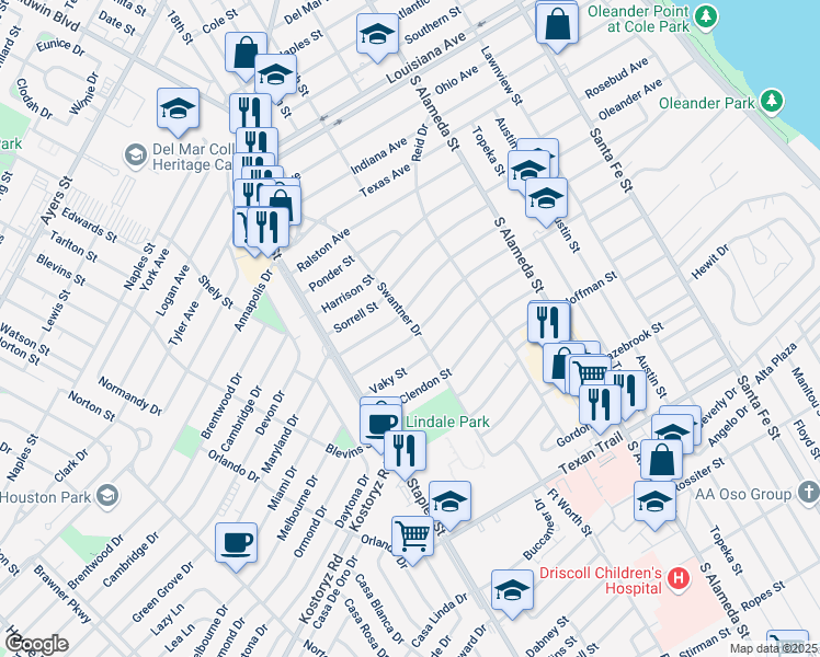 map of restaurants, bars, coffee shops, grocery stores, and more near 1002 Vaky Street in Corpus Christi