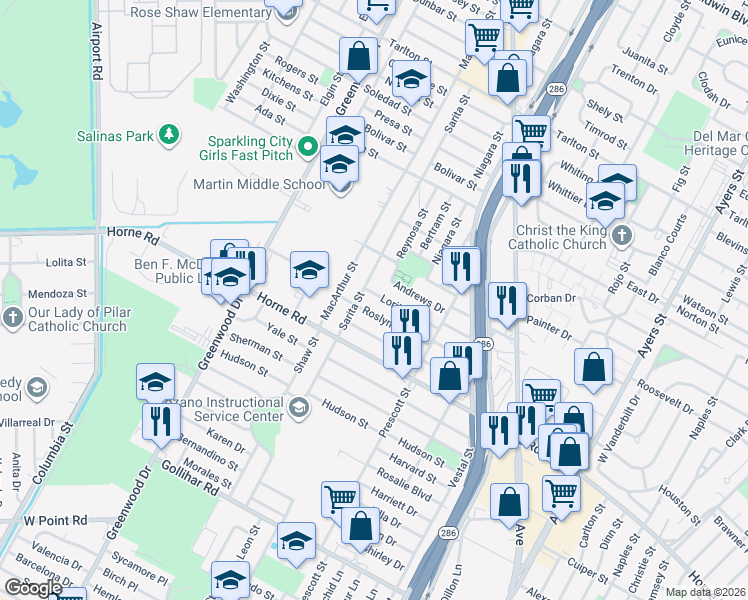 map of restaurants, bars, coffee shops, grocery stores, and more near 1813 Roslyn Street in Corpus Christi