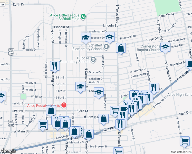 map of restaurants, bars, coffee shops, grocery stores, and more near 730 Schallert Drive in Alice