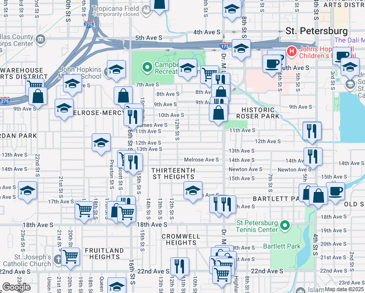 map of restaurants, bars, coffee shops, grocery stores, and more near 1125 13th Avenue South in St. Petersburg