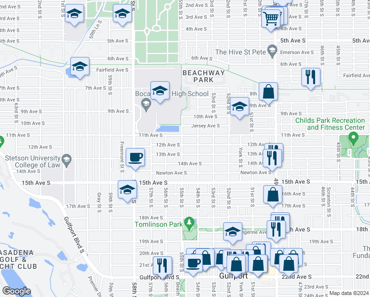 map of restaurants, bars, coffee shops, grocery stores, and more near 1208 55th Street South in Gulfport